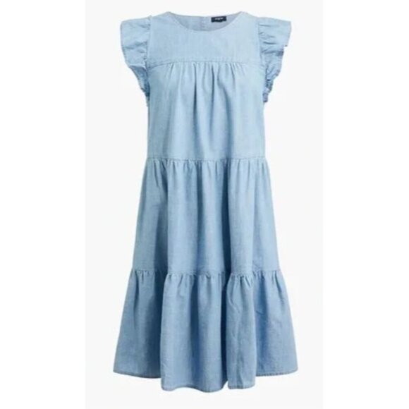 J. Crew Factory NEW READ Blue Chambray Cotton Layer Dress Ruffle Sleeve Mini 2P - Picture 1 of 13